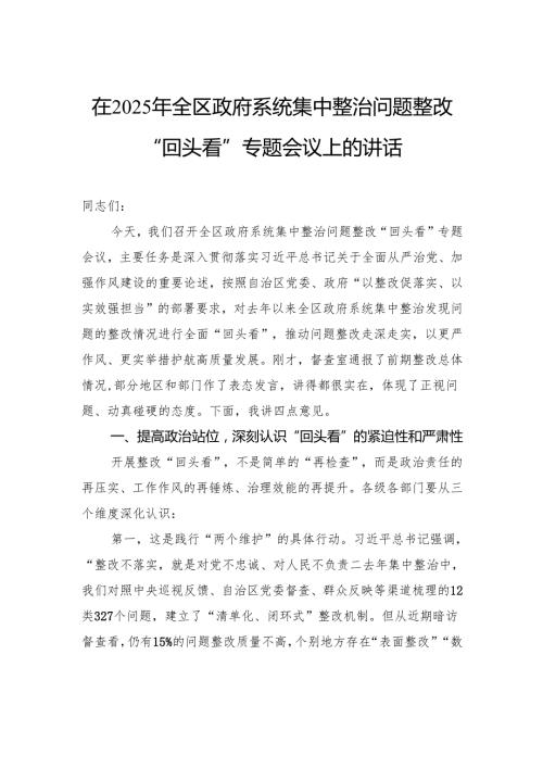 在2025年全区政府系统集中整治问题整改“回头看”专题会议上的讲话.docx