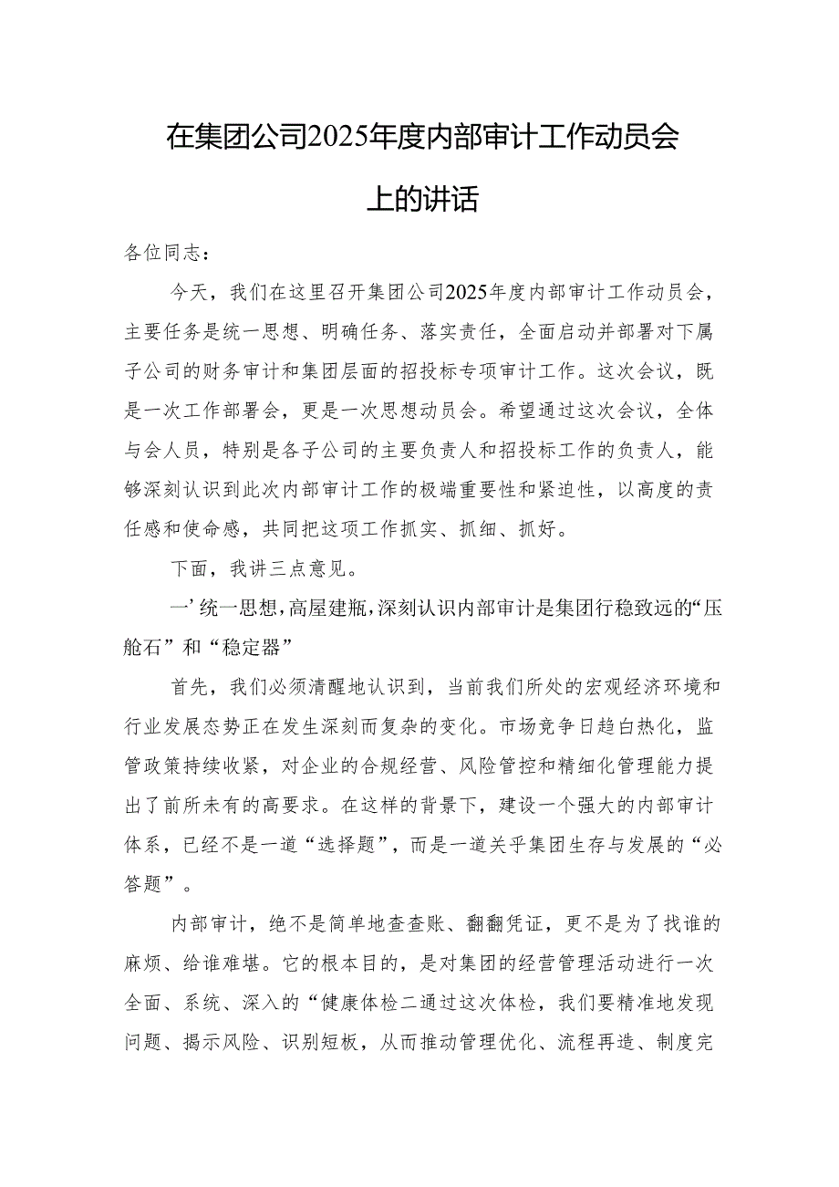 在集团公司2025年度内部审计工作动员会上的讲话.docx_第1页
