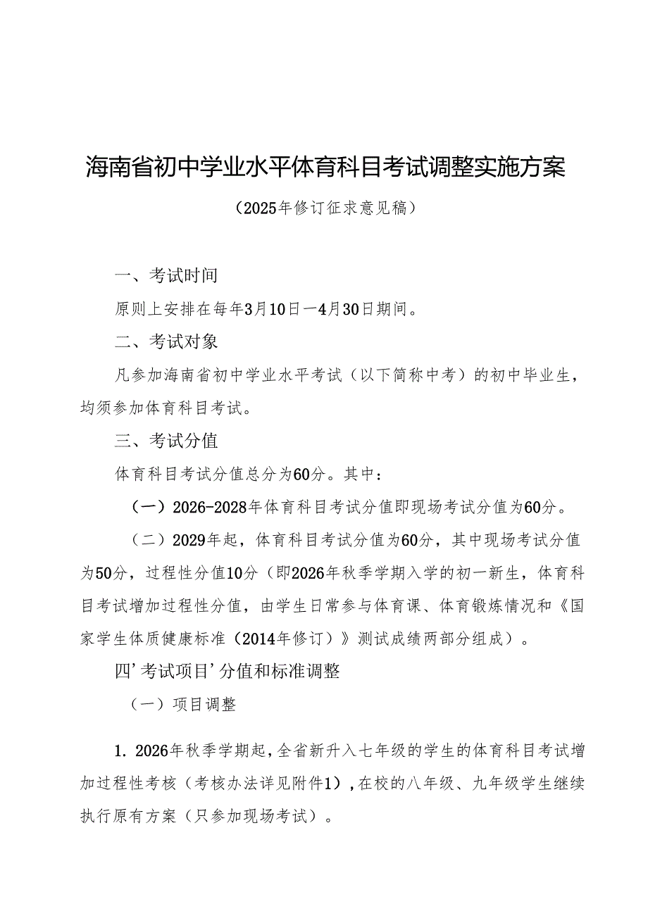 《海南省初中学业水平体育科目考试调整实施方案（2025年修订征求.docx_第1页