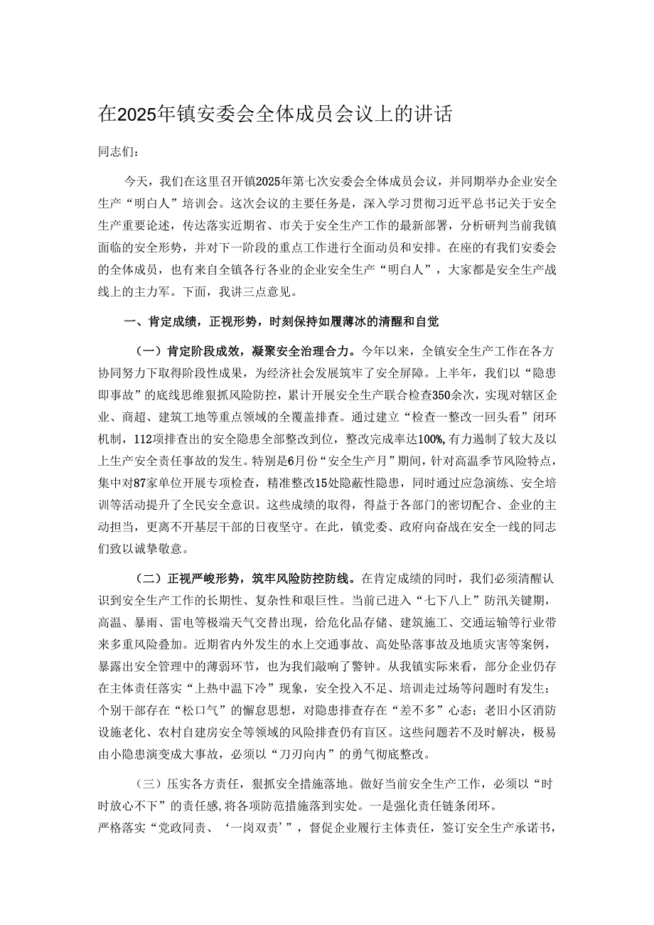 在2025年镇安委会全体成员会议上的讲话.docx_第1页