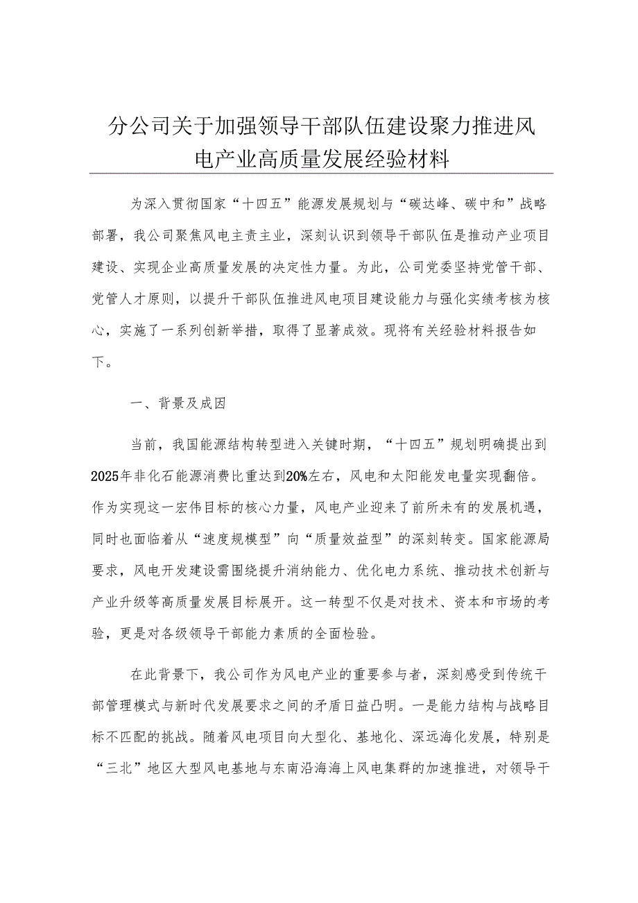 分公司关于加强领导干部队伍建设聚力推进风电产业高质量发展经验材料.docx_第1页