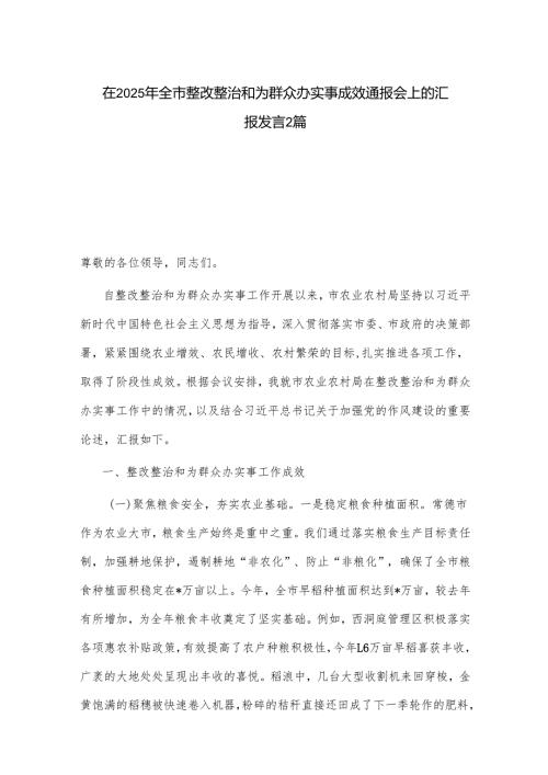 在2025年全市整改整治和为群众办实事成效通报会上的汇报发言2篇.docx