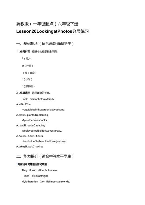 冀教版（一年级起点）六年级下册Lesson 20 Looking at Photos分层练习.docx