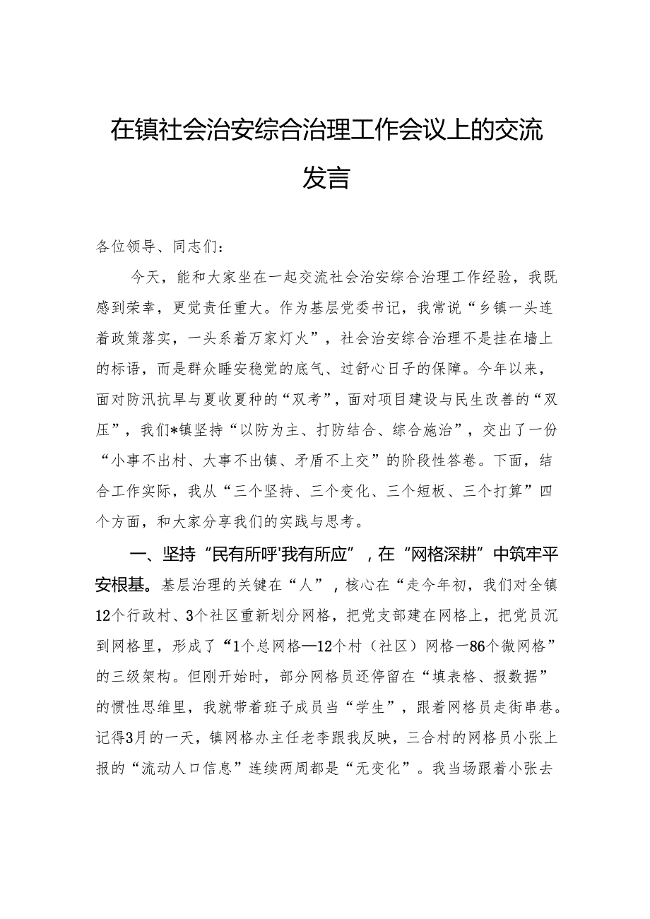 在镇社会治安综合治理工作会议上的交流发言.docx_第1页