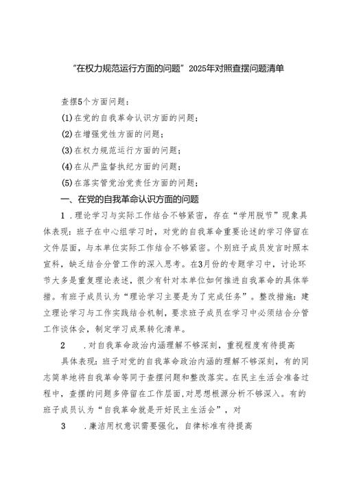 “在权力规范运行方面的问题”2025年学习教育对照查摆问题清单（新的五个方面） 精选供参考.docx