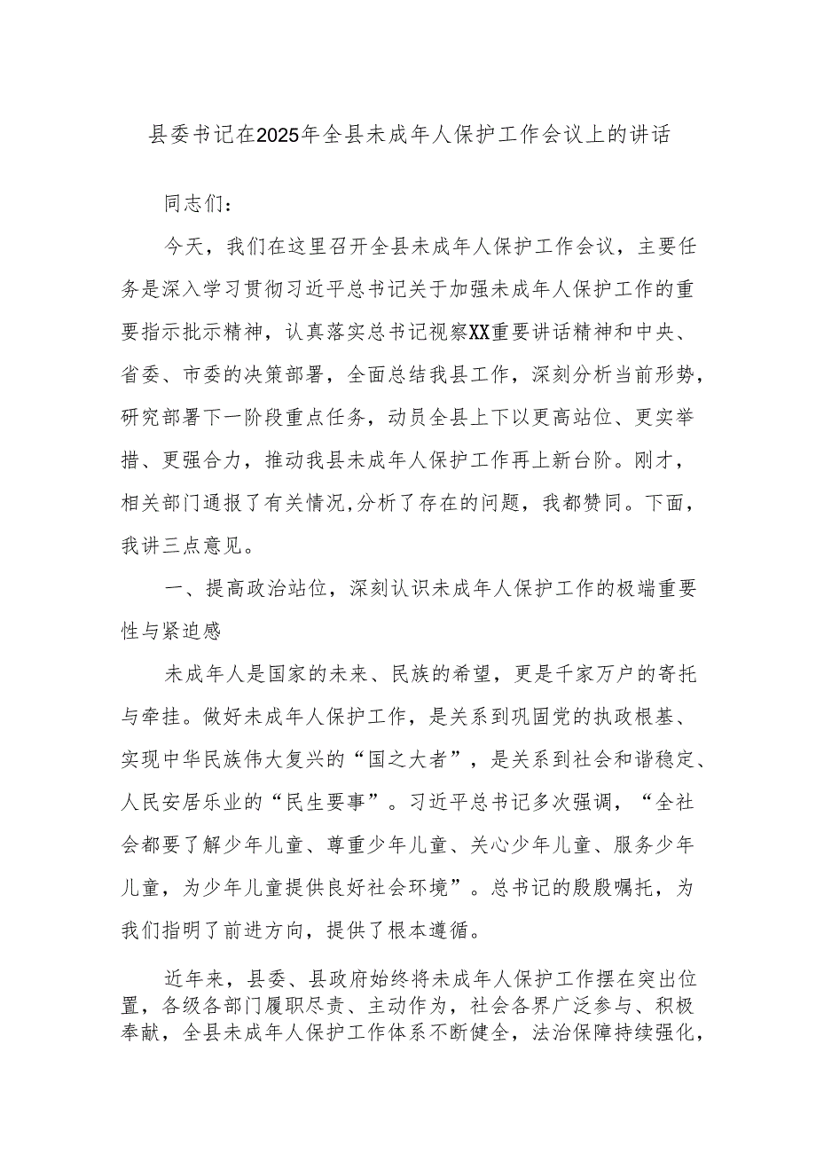 县委书记在2025年全县未成年人保护工作会议上的讲话.docx_第1页