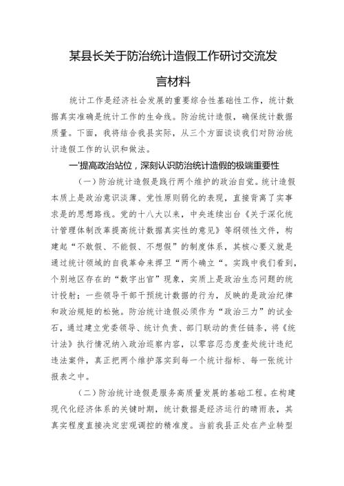 县长关于防治统计造假工作研讨发言.docx