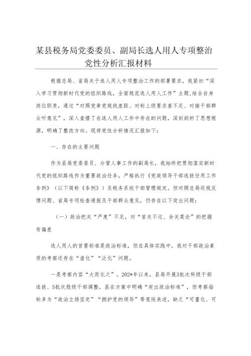 某县税务局党委委员、副局长选人用人专项整治党性分析汇报材料.docx
