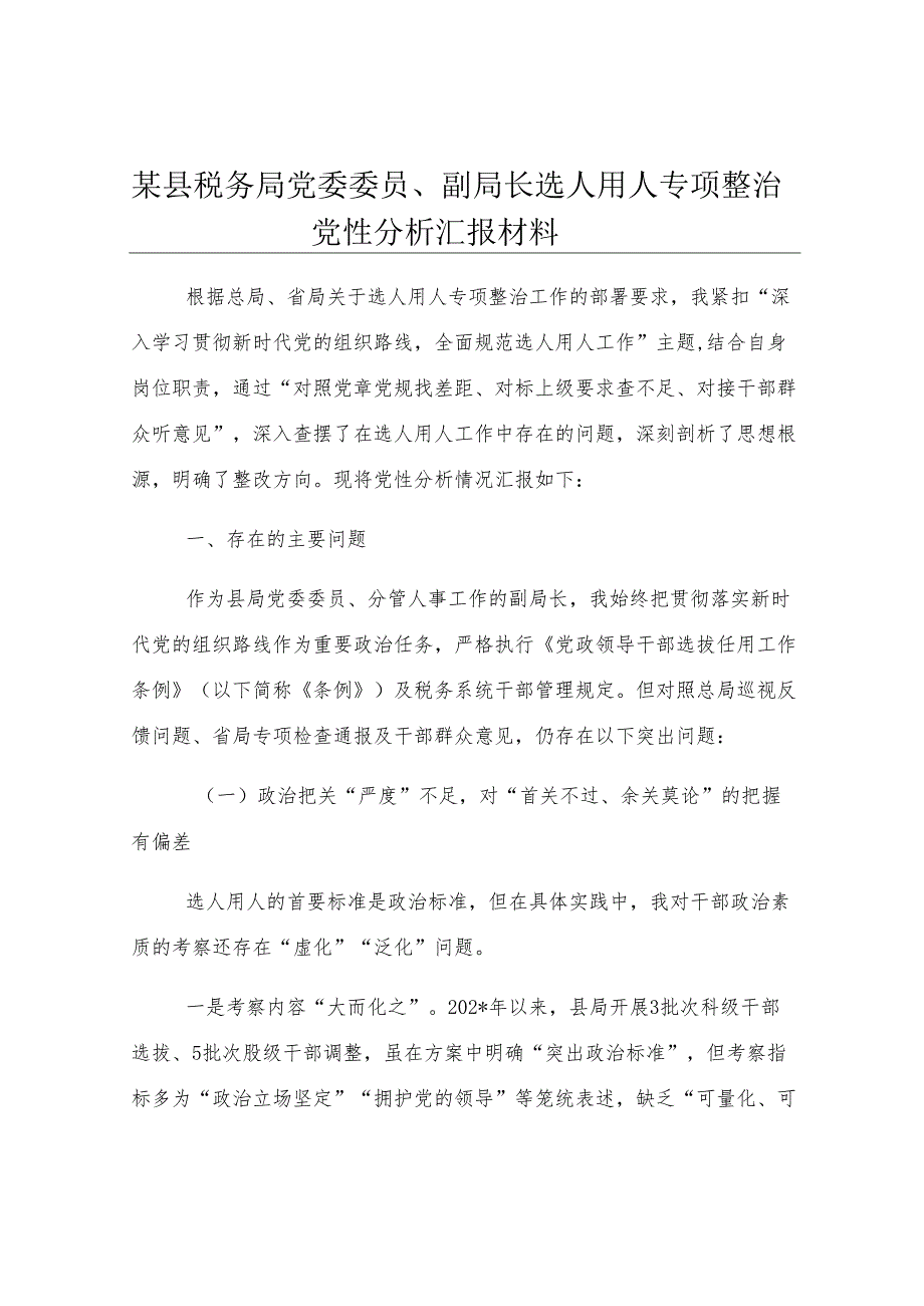 某县税务局党委委员、副局长选人用人专项整治党性分析汇报材料.docx_第1页