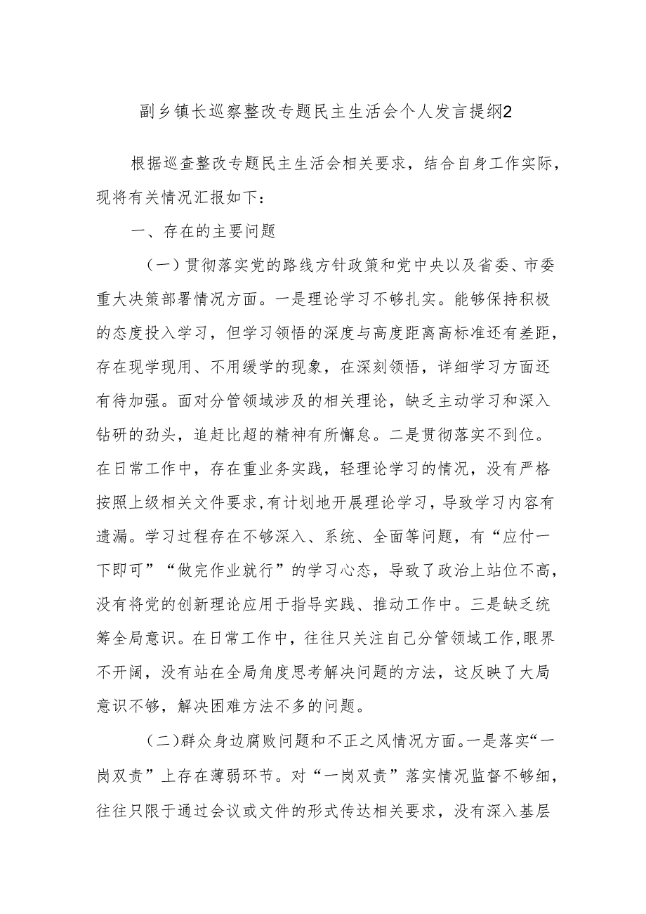 副乡镇长巡察整改专题民主生活会个人发言提纲2.docx_第1页