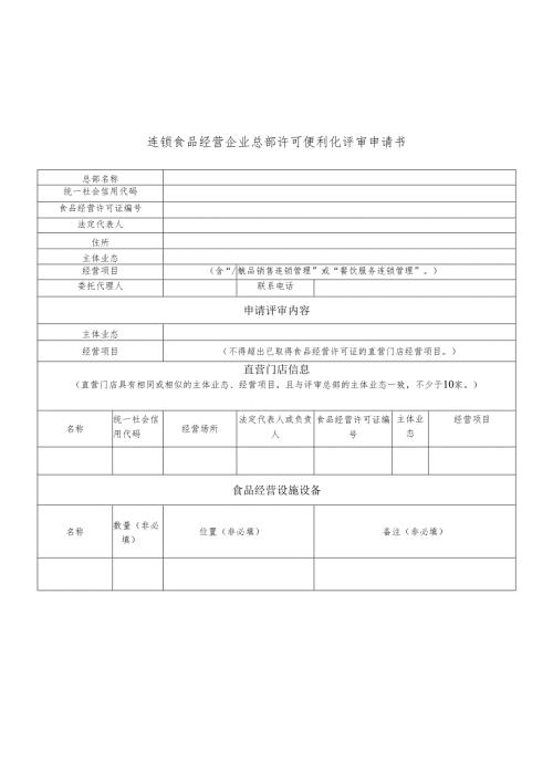 连锁食品经营企业总部许可便利化评审申请书、食品安全管理体系报告、食品安全管理制度、评审意见书、申请承诺书.docx