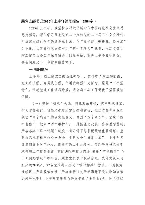 局党支部书记2025年上半年述职报告（3984字）.docx