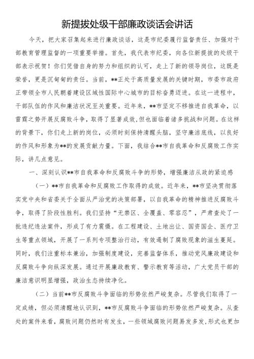 新提拔处级干部廉政谈话会讲话.docx