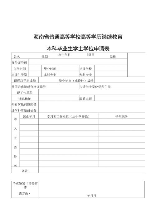 海南省普通高等学校高等学历继续教育本科毕业生学士学位申请表.docx
