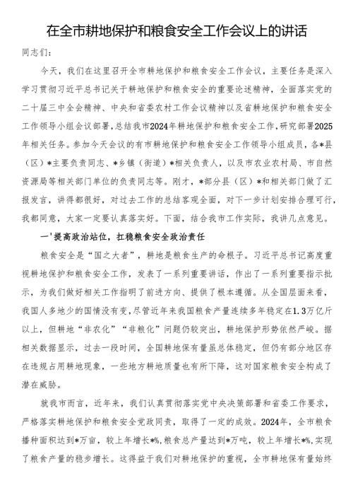 在全市耕地保护和粮食安全工作会议上的讲话.docx