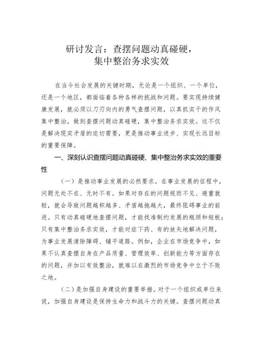 研讨发言：查摆问题动真碰硬集中整治务求实效.docx