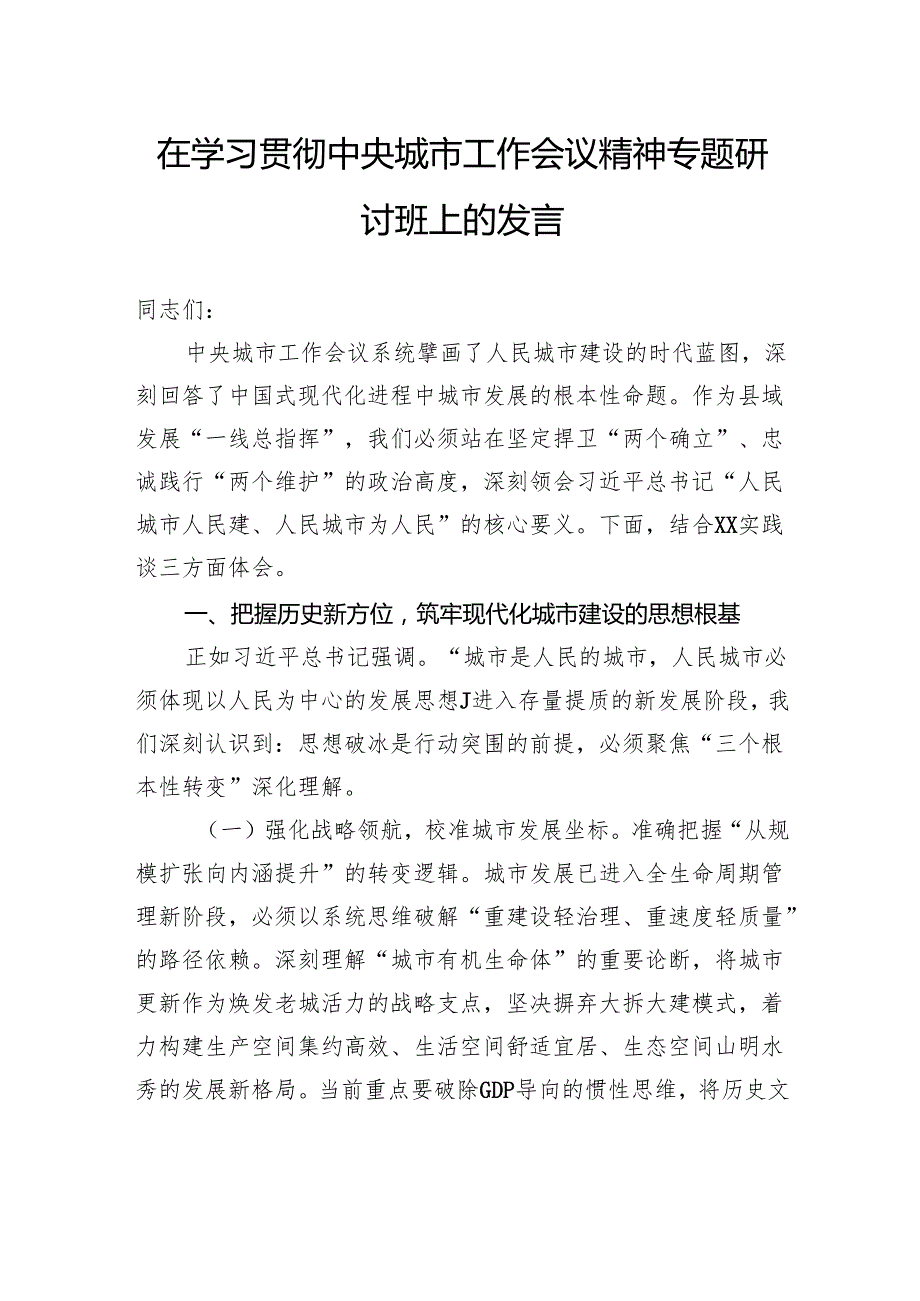 在学习贯彻中央城市工作会议精神专题研讨班上的发言.docx_第1页