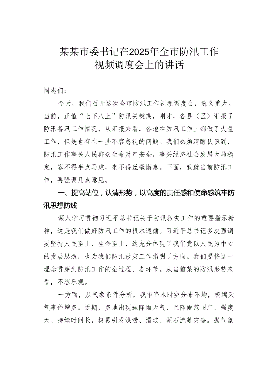 某某市委书记在2025年全市防汛工作视频调度会上的讲话.docx_第1页