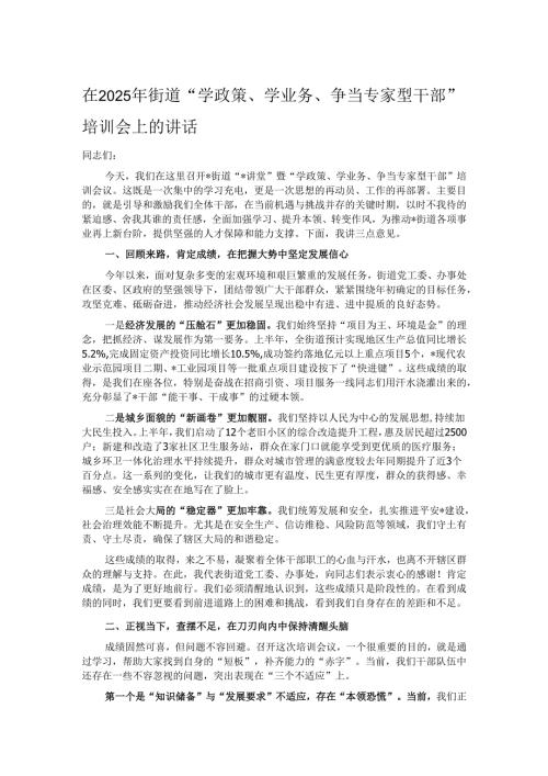 在2025年街道“学政策、学业务、争当专家型干部”培训会上的讲话.docx