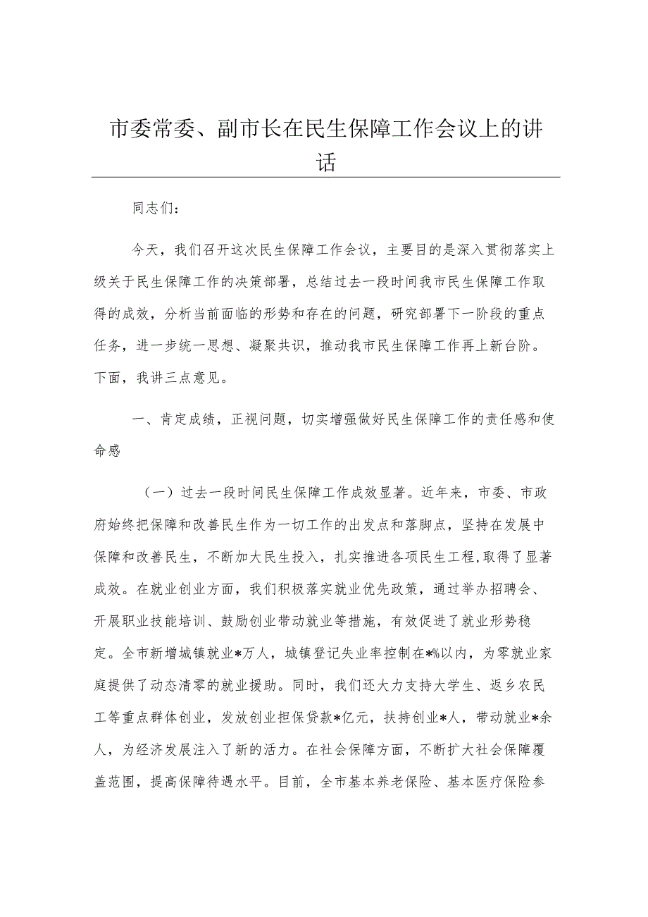 市委常委、副市长在民生保障工作会议上的讲话.docx_第1页