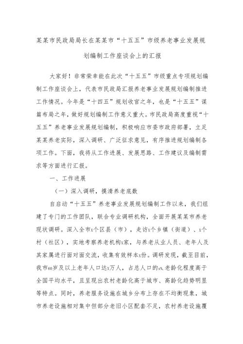 某某市民政局局长在某某市“十五五”市级养老事业发展规划编制工作座谈会上的汇报.docx