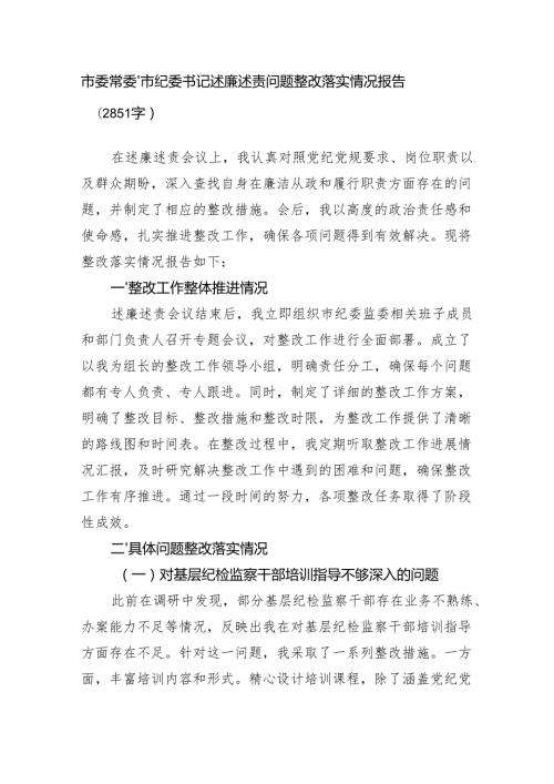 市委常委、市纪委书记述廉述责问题整改落实情况报告（2851字）.docx