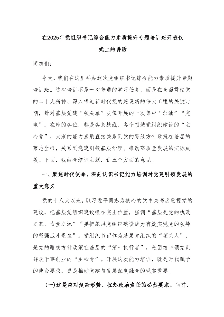 在2025年党组织书记综合能力素质提升专题培训班开班仪式上的讲话.docx_第1页