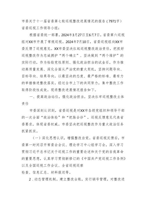 市委关于十一届省委第七轮巡视整改进展情况的报告（7971字）.docx