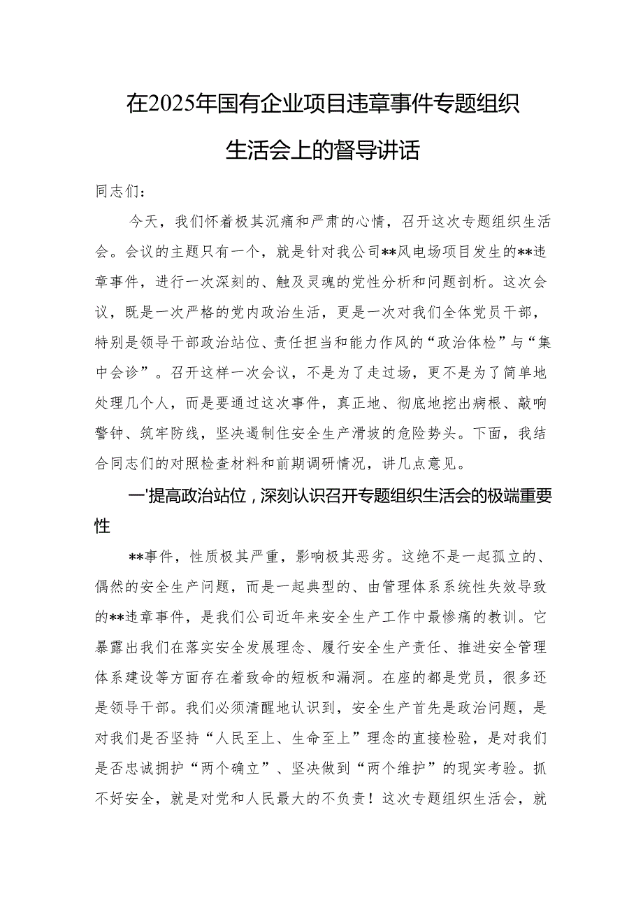 在2025年国有企业项目违章事件专题组织生活会上的督导讲话.docx_第1页