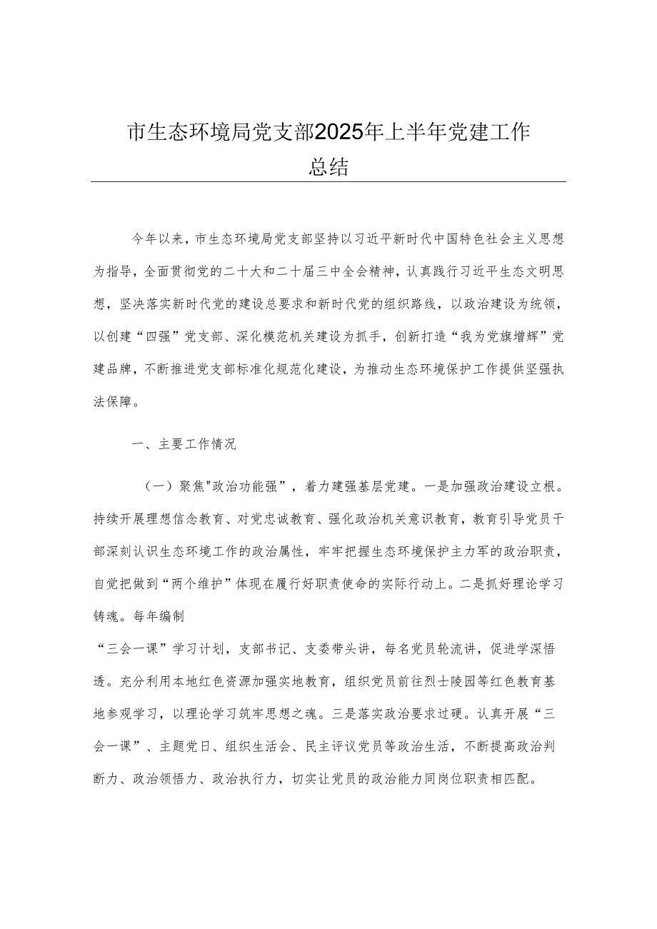 市生态环境局党支部2025年上半年党建工作总结.docx_第1页