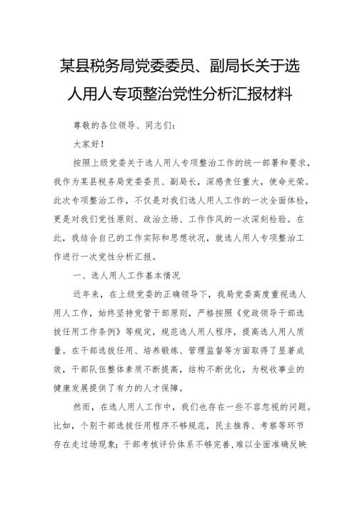 某县税务局党委委员、副局长关于选人用人专项整治党性分析汇报材料.docx