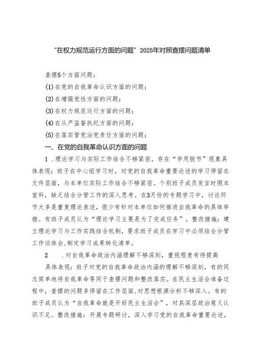 “在权力规范运行方面的问题”2025年学习教育对照查摆问题清单（新的五个方面） 精选集锦.docx