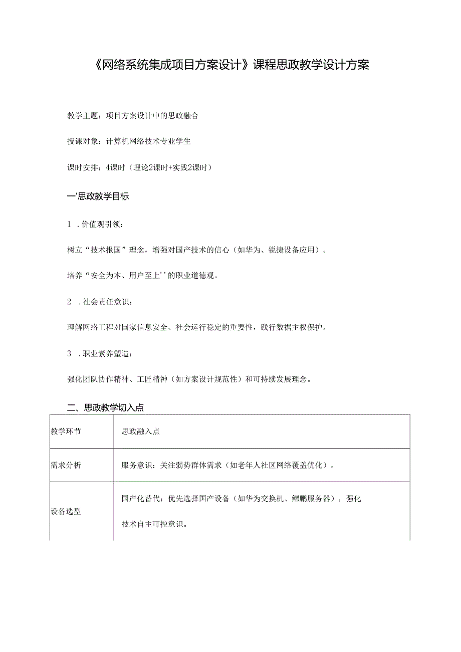 《网络系统集成项目方案设计》课程思政教学设计方案.docx_第1页