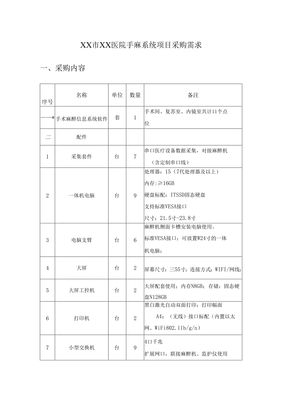 XX市XX医院手麻系统项目采购需求.docx_第1页