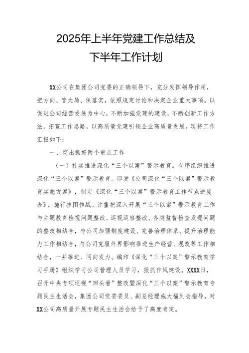 2025年上半年《党建工作总结》及下半年工作计划（合计7份）.docx