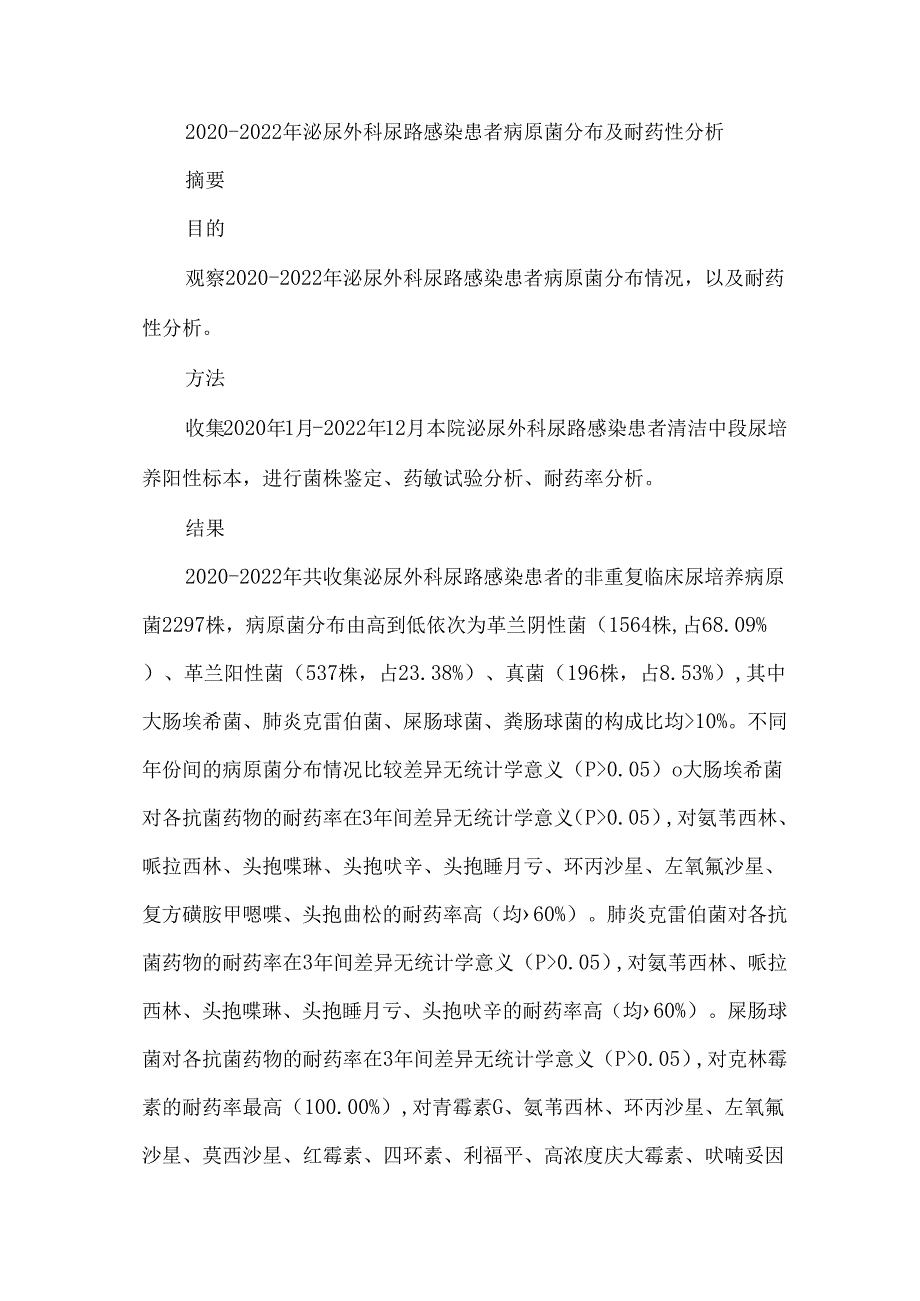 2020-2022年泌尿外科尿路感染患者病原菌分布及耐药性分析.docx_第1页