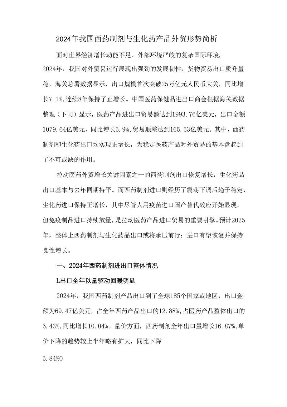 2024年我国西药制剂与生化药产品外贸形势简析.docx_第1页