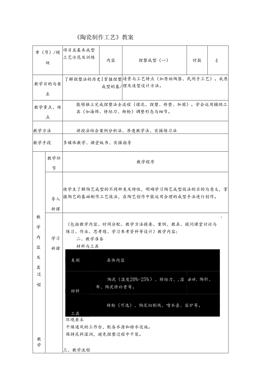 《陶瓷制作工艺》教案10 捏塑成型（一）.docx_第1页