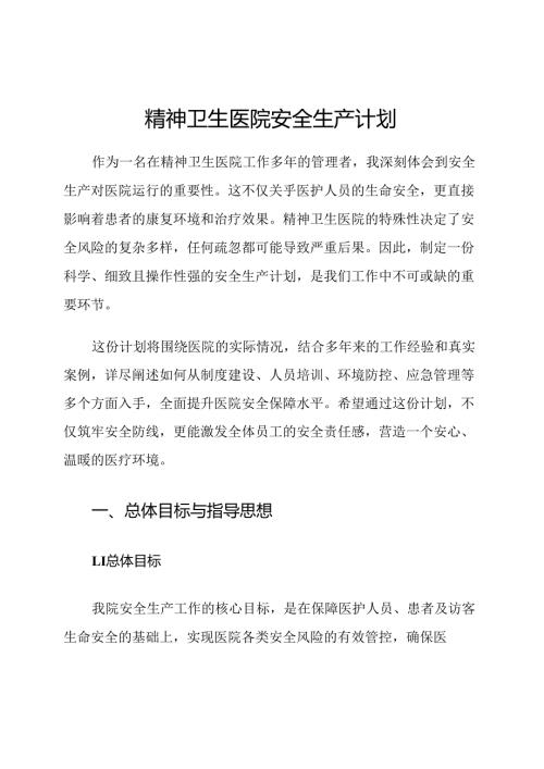 精神卫生医院安全生产计划.docx