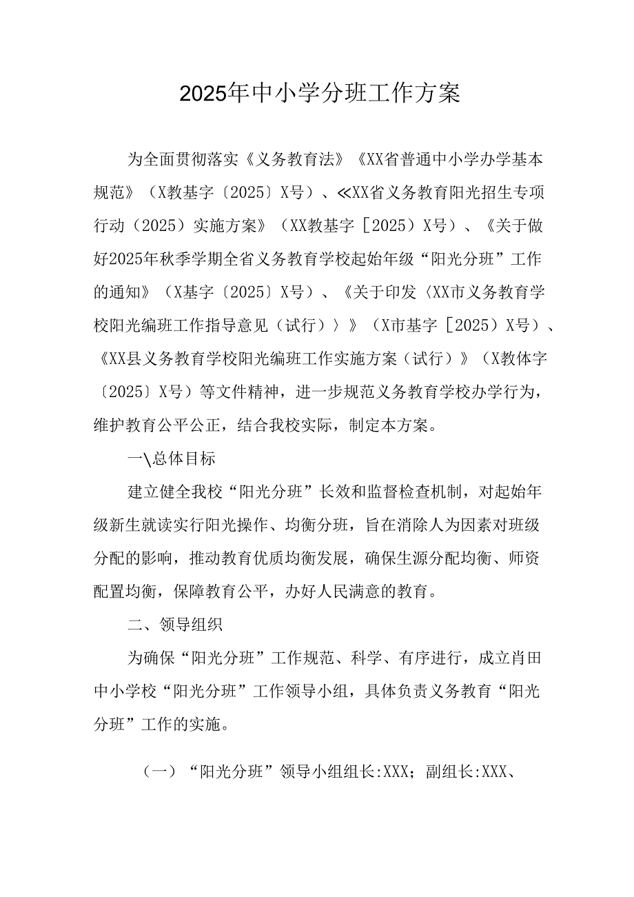 开展2025年《中小学分班》工作实施方案 （合计3份）.docx_第1页