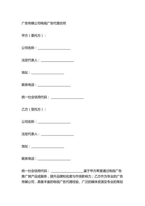 广告传媒公司电视广告代理合同.docx