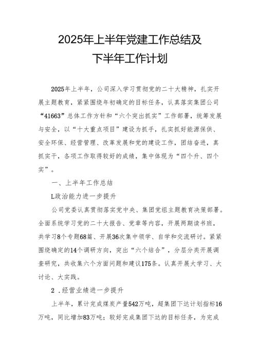 开展2025年上半年《党建工作总结》及下半年工作计划（合计7份）.docx