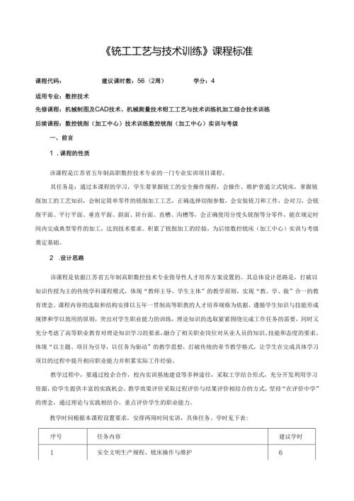 《铣工工艺与技术训练》课程标准.docx