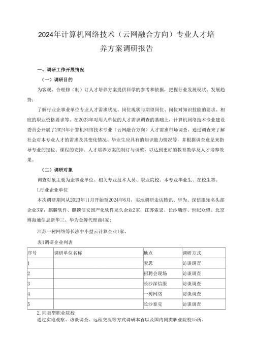 2024年计算机网络技术（云网融合方向）专业人才培养方案调研报告.docx