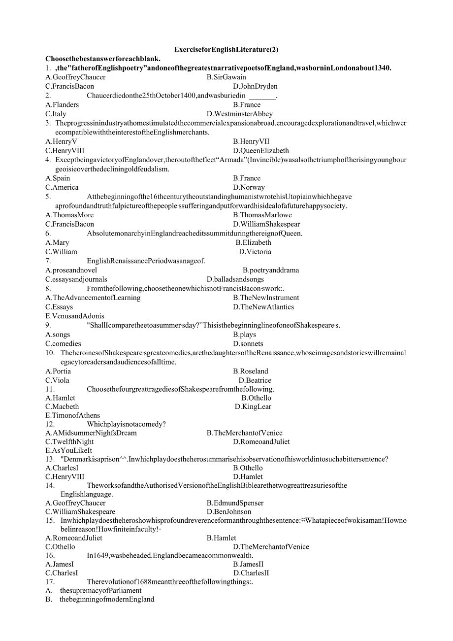 英国文学选读练习题-含答案.docx_第1页