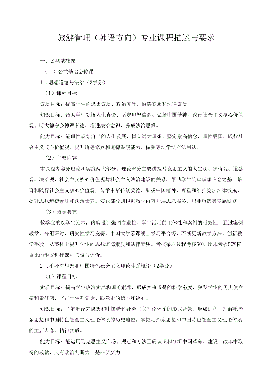 旅游管理（韩语方向）专业课程描述与要求.docx_第1页