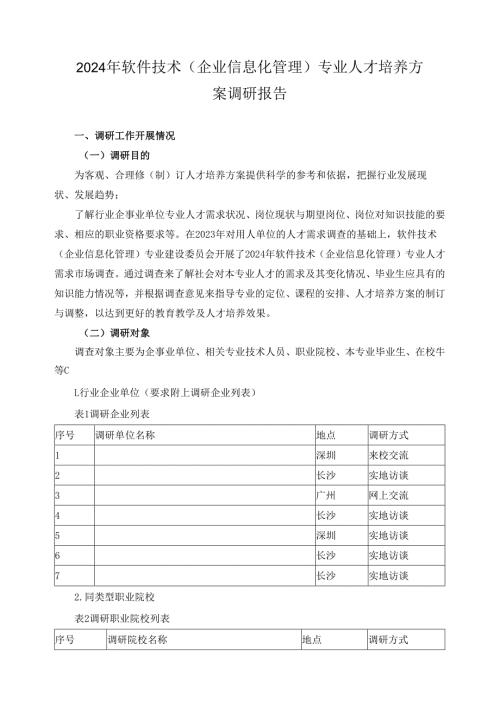 2024年软件技术（企业信息化管理）专业人才培养方案调研报告.docx