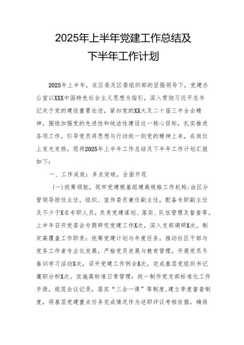 开展2025年上半年《党建工作总结》及下半年工作计划合计10份.docx