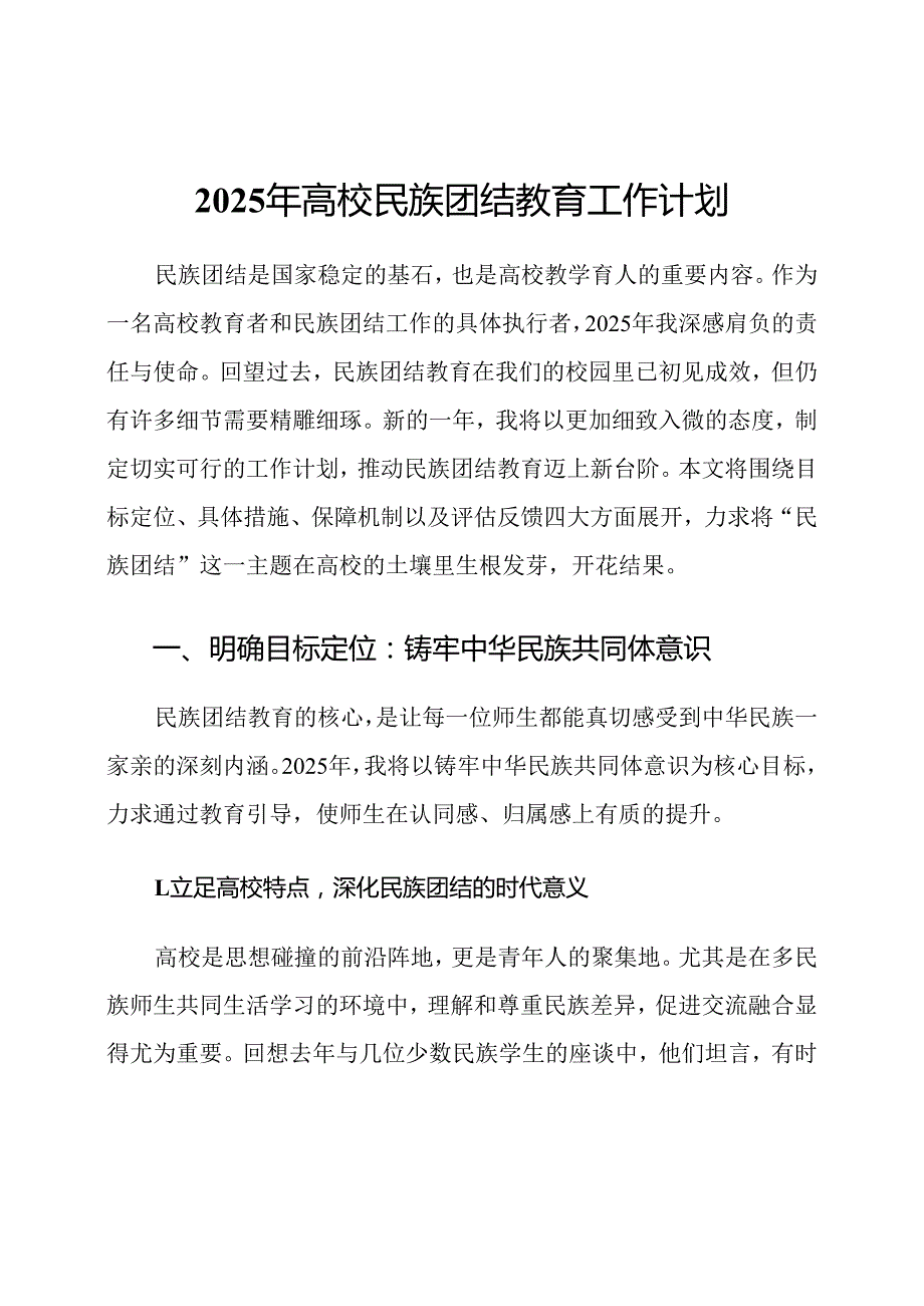 2025年高校民族团结教育工作计划.docx_第1页