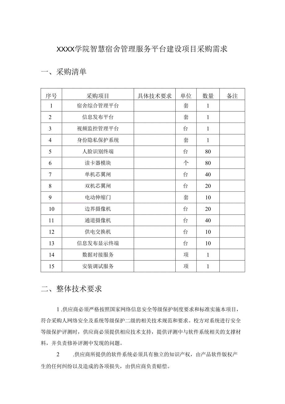 XXXX学院智慧宿舍管理服务平台建设项目采购需求.docx_第1页